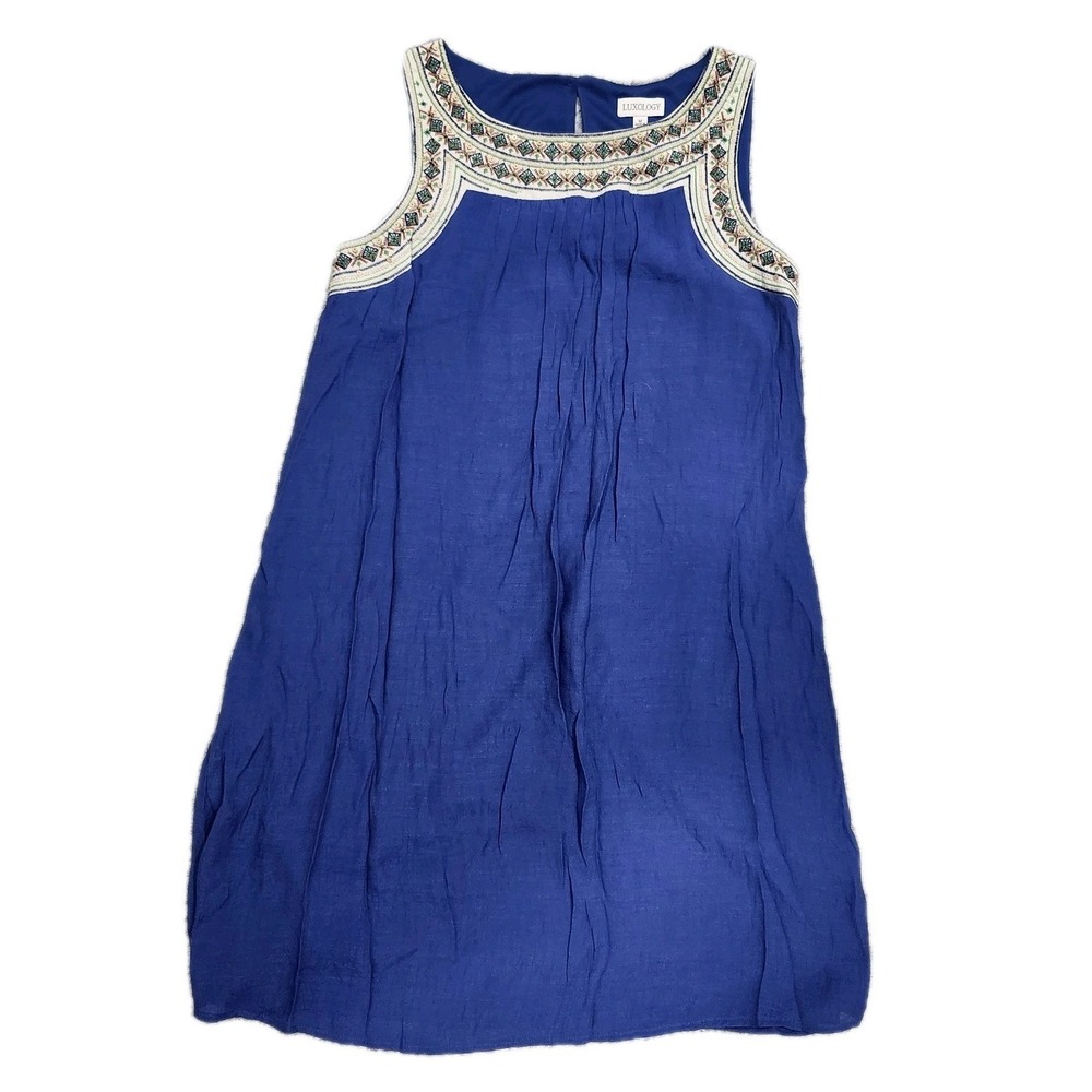 Luxology Dress Womens Medium Blue Embroidered V Neck Sleeveless Shift Boho